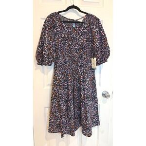 Terra & Sky Floral Print Smocked Dress‎ Puff Sleeve Casual Black 0X
